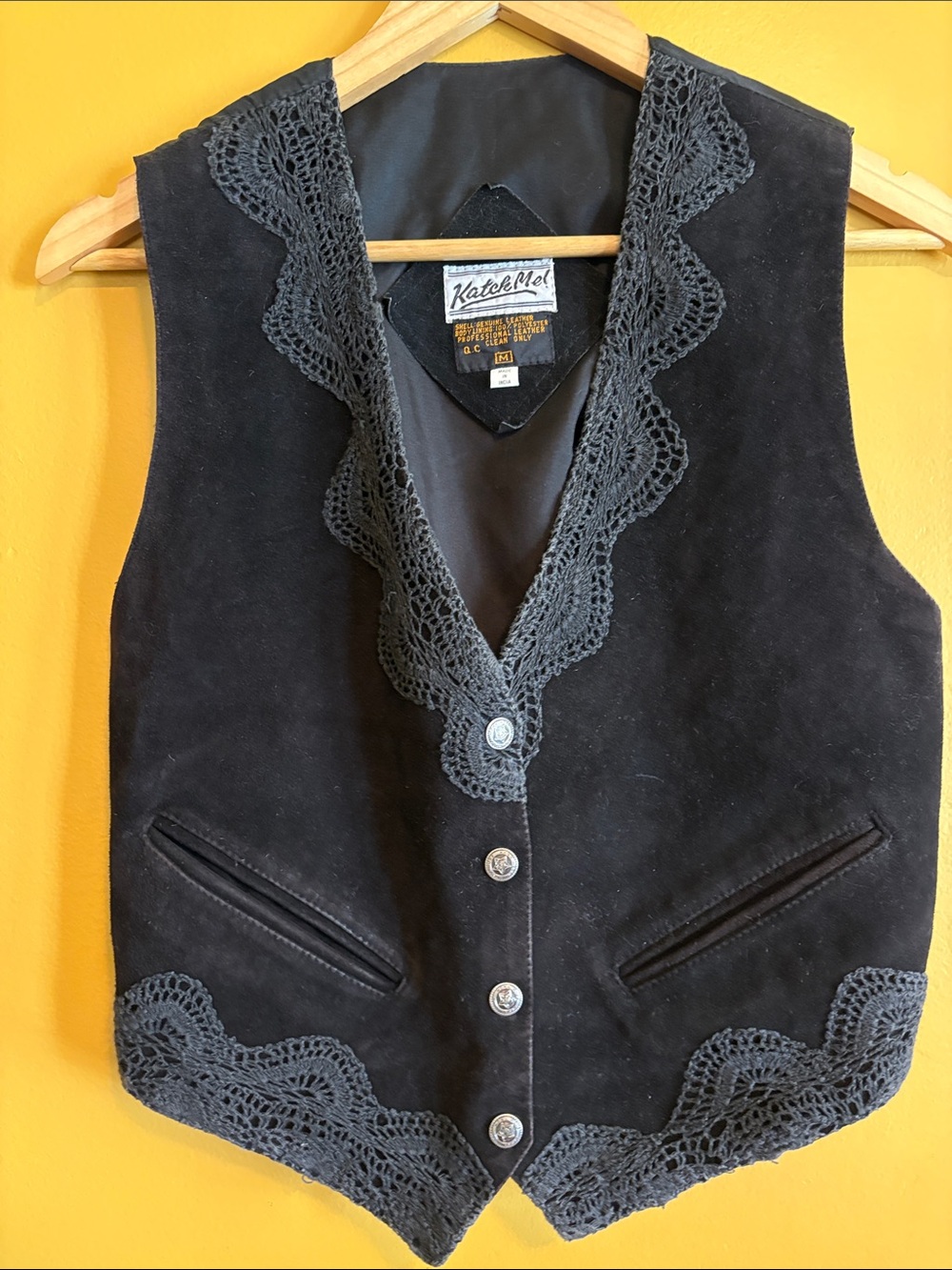 Kate & Mel Vintage Black Suede Crochet Trim Vest